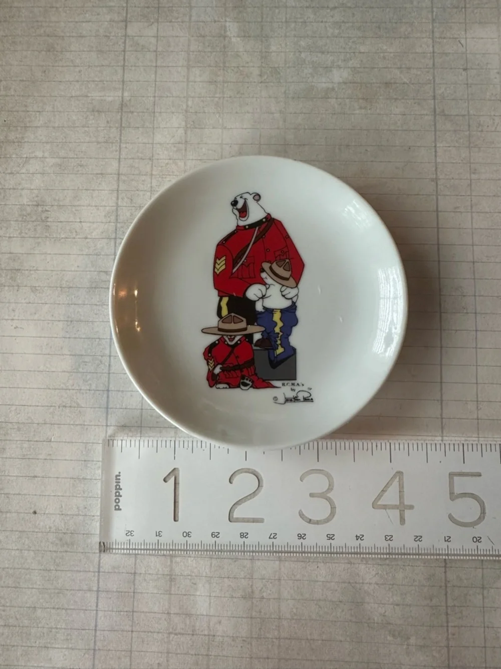 Mountie Bears Ceramic Trinket Dish - White with Red and Blue Artwork